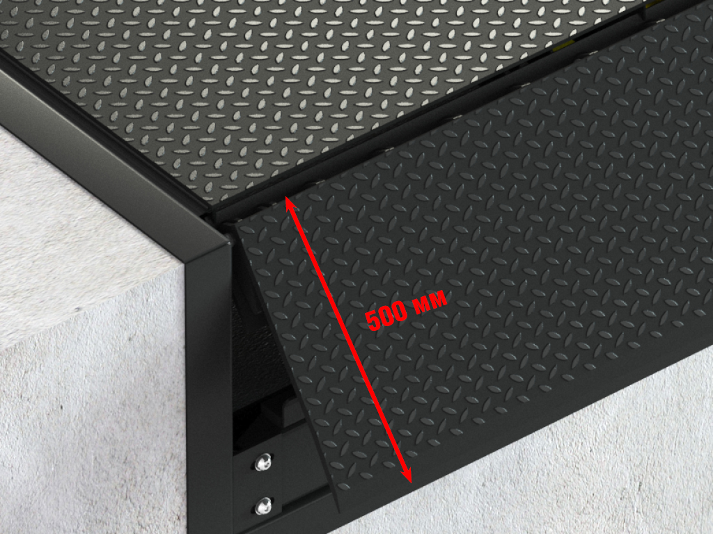 Аппарель 500 мм. Фаска 35 мм. Удлиненная, целиковая, без сегментов, прямоугольной формы для использования с парком автомобилей одинаковой ширины в случаях, когда длины стандартной аппарели не достаточно.